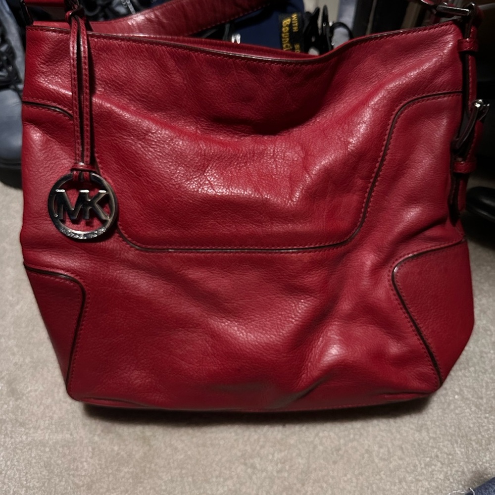 Michael Kors Red Leather Shoulder Bag with Silver Hardware